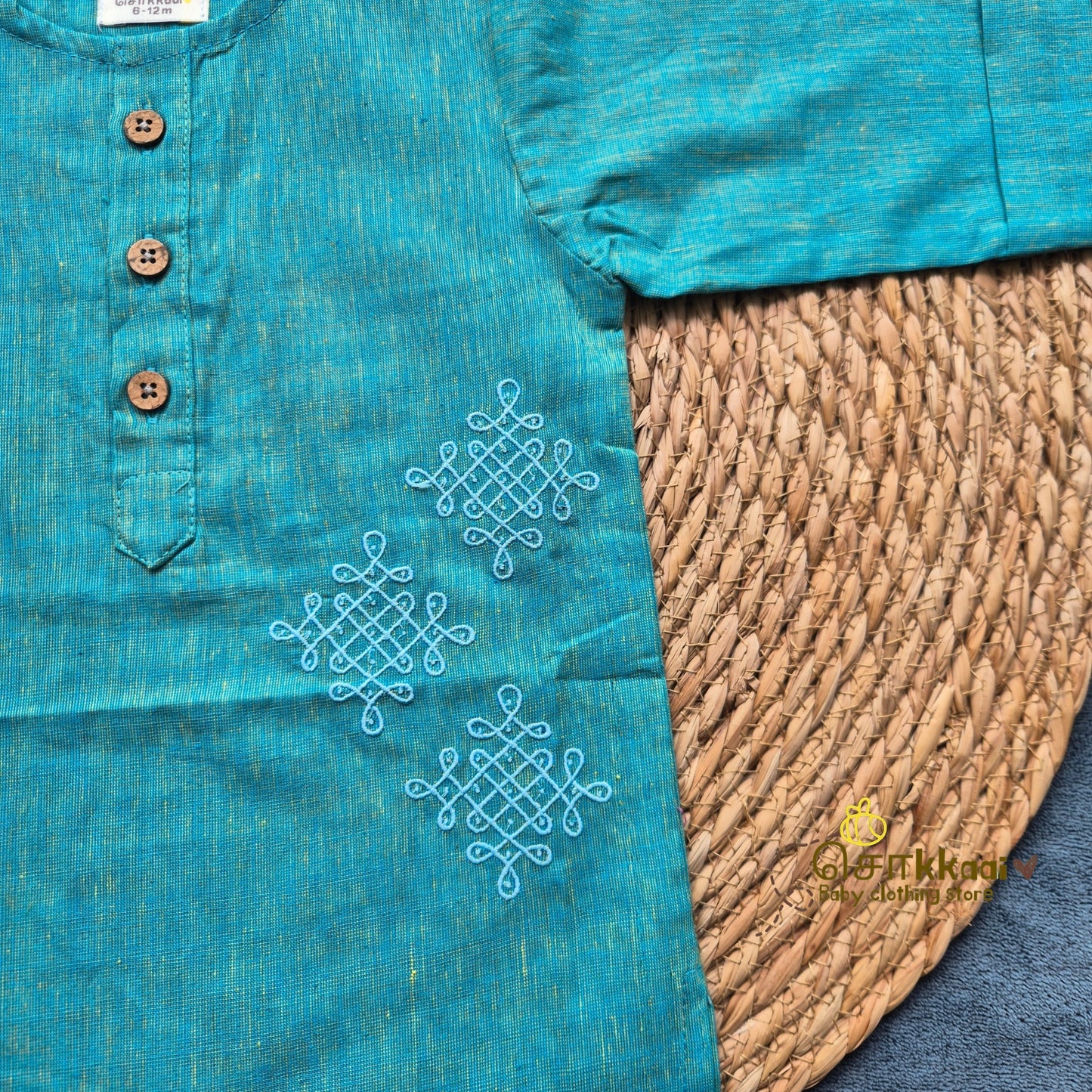 Ocean Blue Mangalgiri Mid length kurta with elbow sleeve (0-8years) - Sokkaai