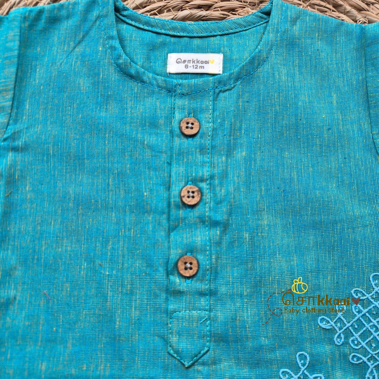 Ocean Blue Mangalgiri Mid length kurta with elbow sleeve (0-8years) - Sokkaai