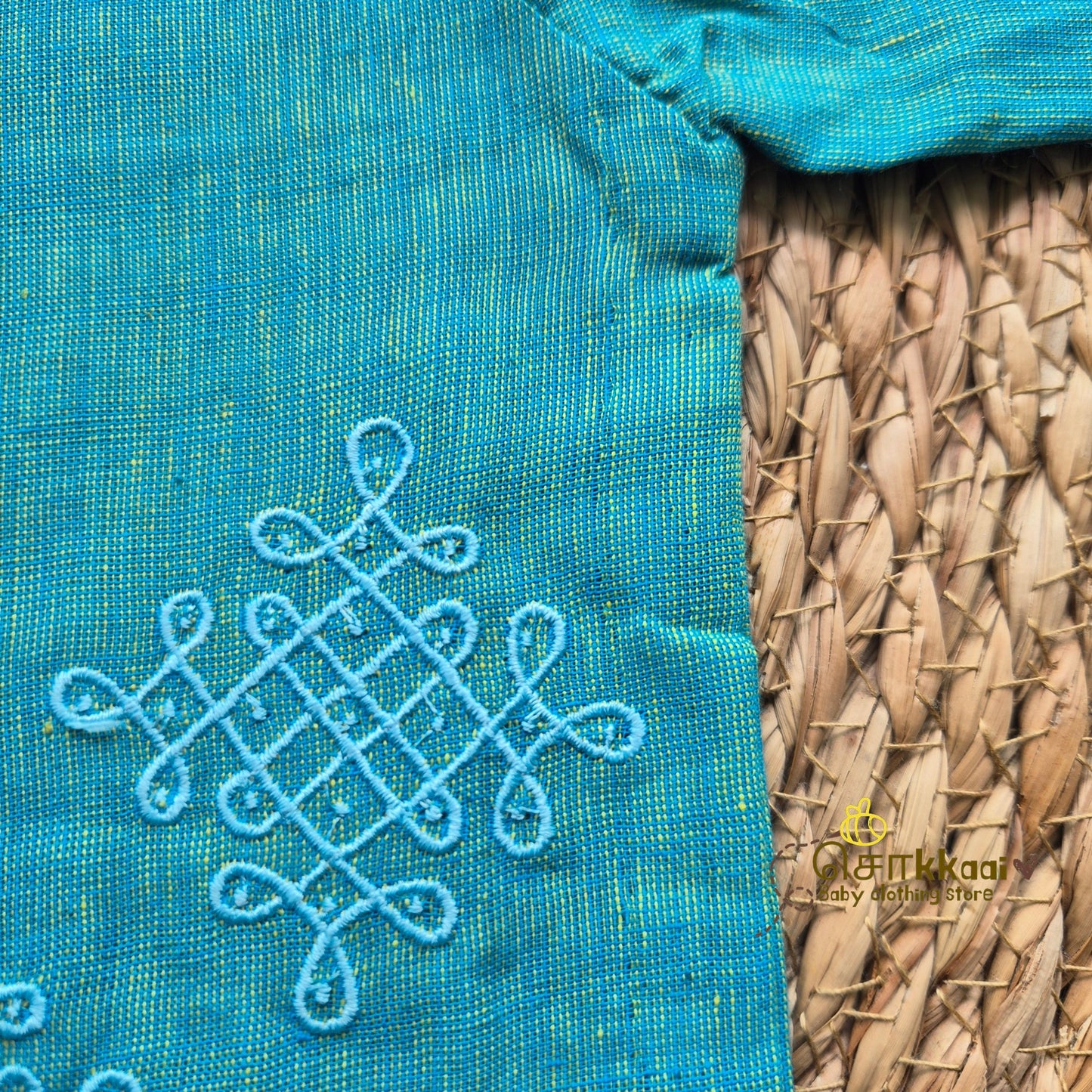 Ocean Blue Mangalgiri Mid length kurta with elbow sleeve (0-8years) - Sokkaai