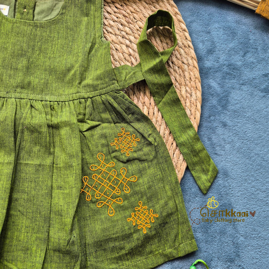 Forest Green Mangalgiri Cotton Girl Frock (0-5years) - Sokkaai