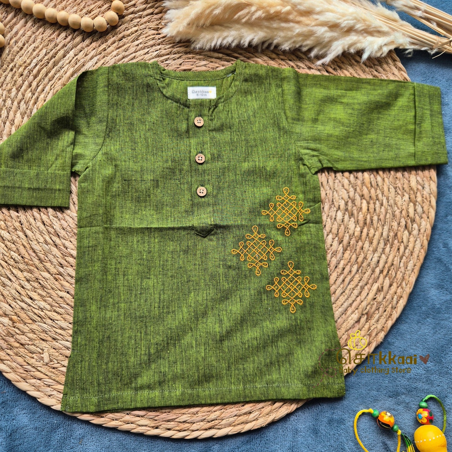Forest Green Mangalgiri Mid length kurta with elbow sleeve (0-8years) - Sokkaai