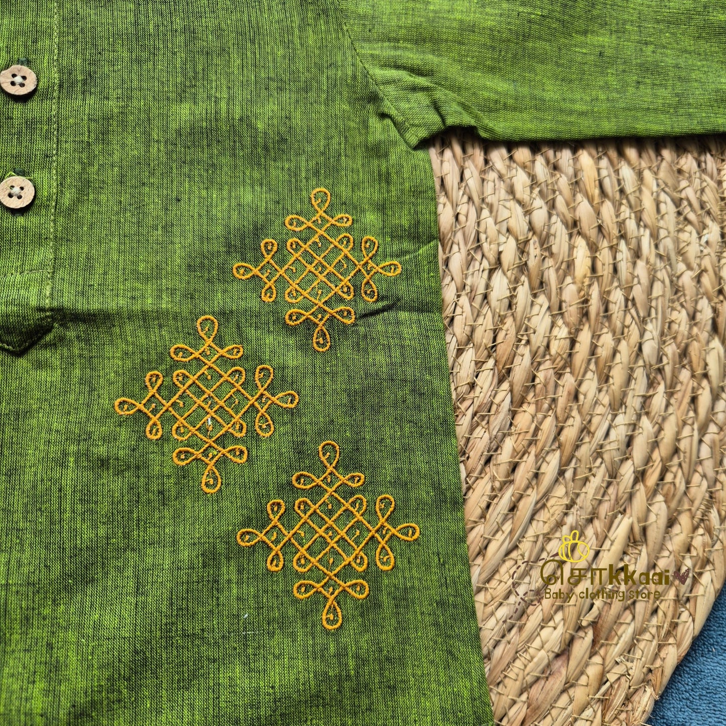 Forest Green Mangalgiri Mid length kurta with elbow sleeve (0-8years) - Sokkaai