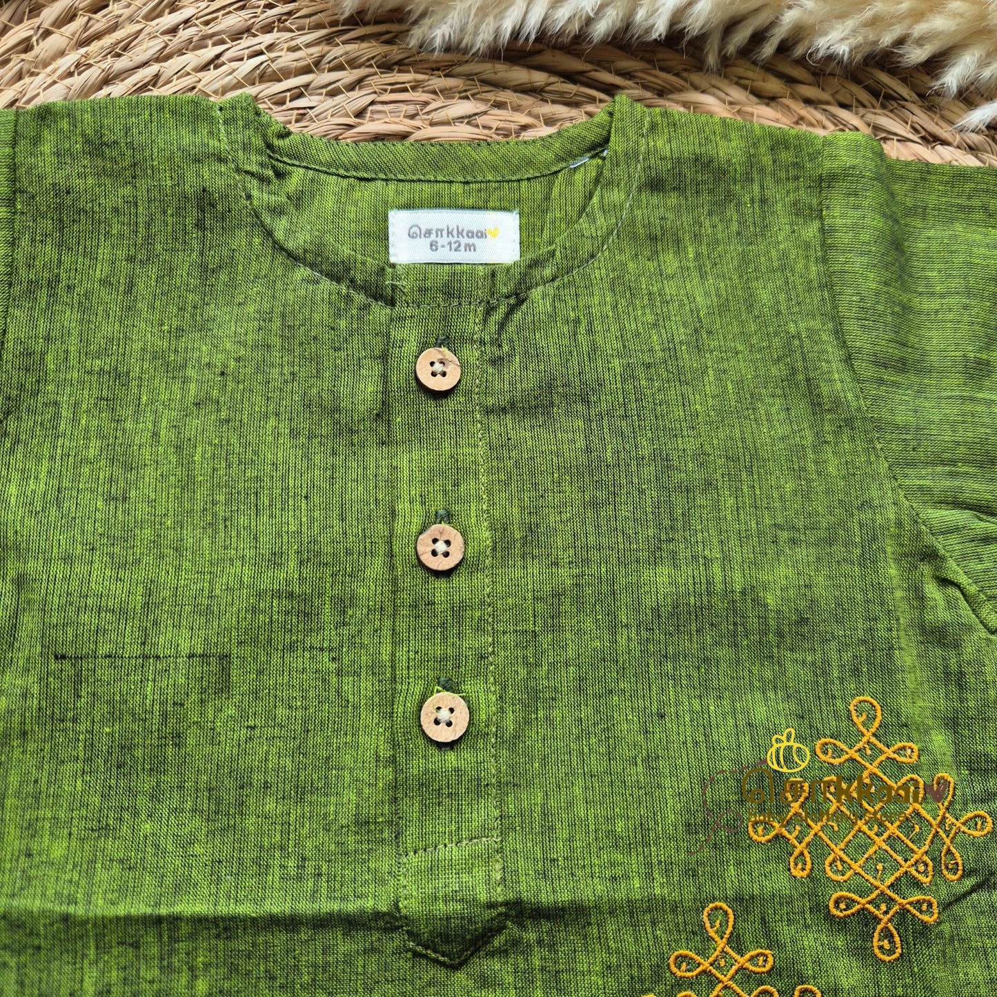 Forest Green Mangalgiri Mid length kurta with elbow sleeve (0-8years) - Sokkaai