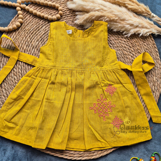 Golden Yellow Mangalgiri Cotton Girl Frock (0-5years) - Sokkaai