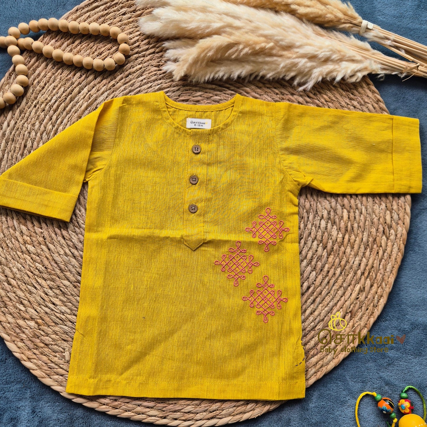 Golden Yellow Mangalgiri  Mid length kurta with elbow sleeve (0-8years) - Sokkaai