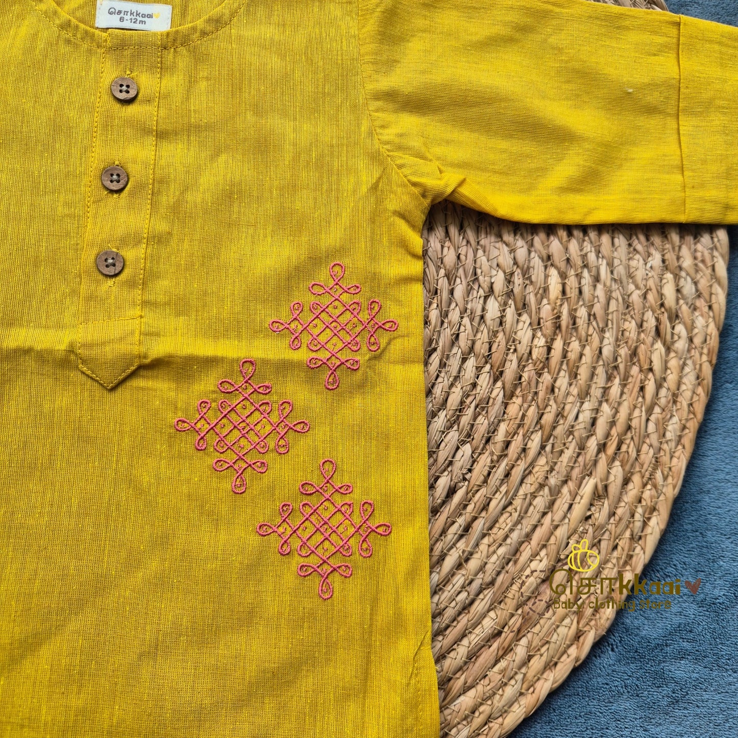 Golden Yellow Mangalgiri  Mid length kurta with elbow sleeve (0-8years) - Sokkaai