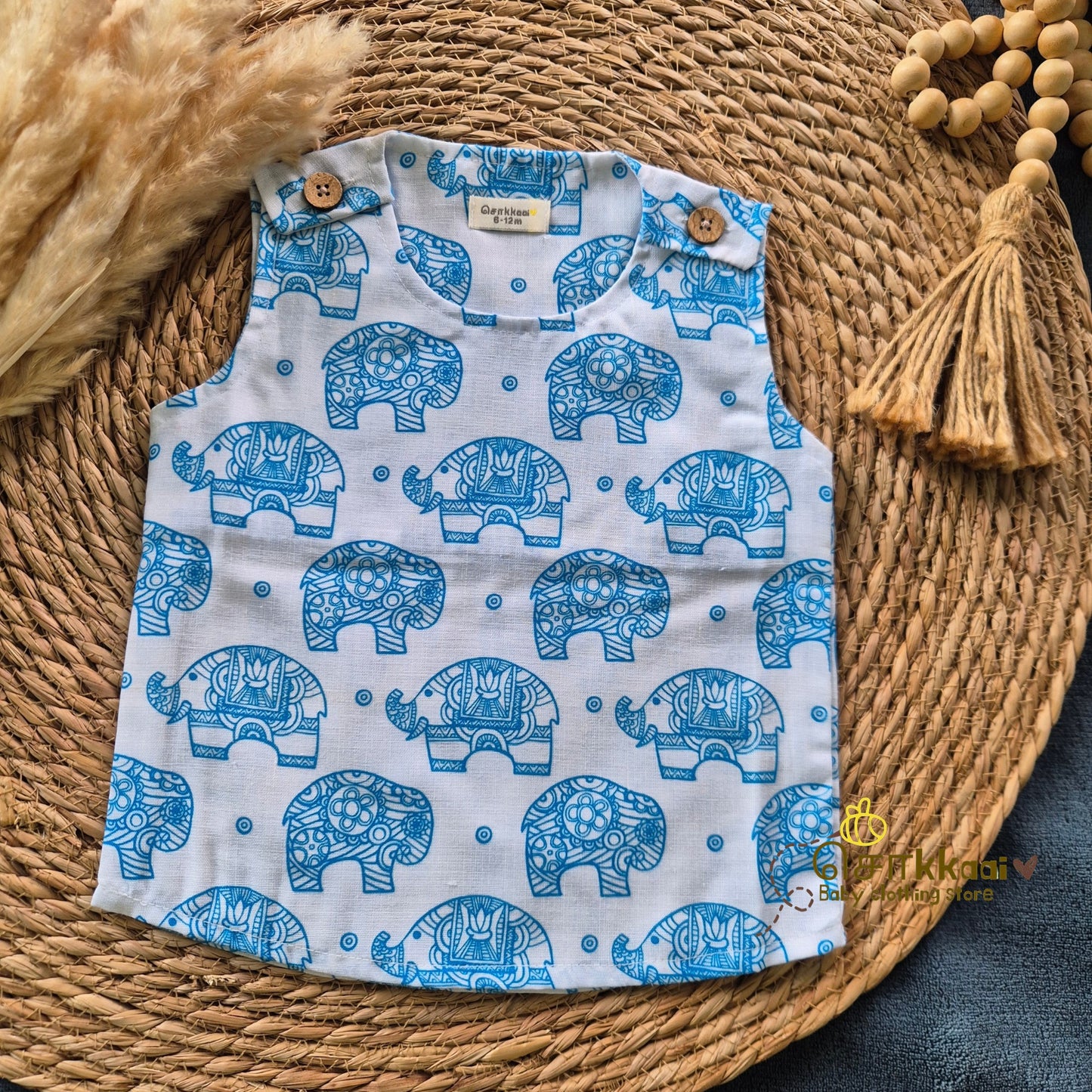 Elephant Mix cotton shoulder button tops (0-3years) - Sokkaai