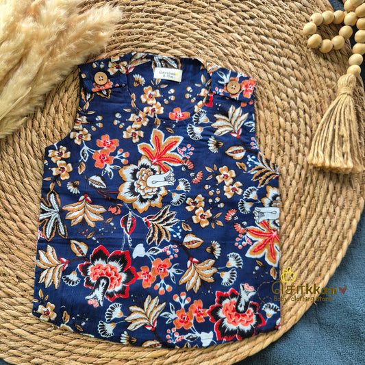 Navy Floral cotton shoulder button tops (0 to 3years) - Sokkaai