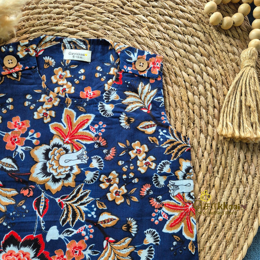 Navy Floral cotton shoulder button tops (0 to 3years) - Sokkaai