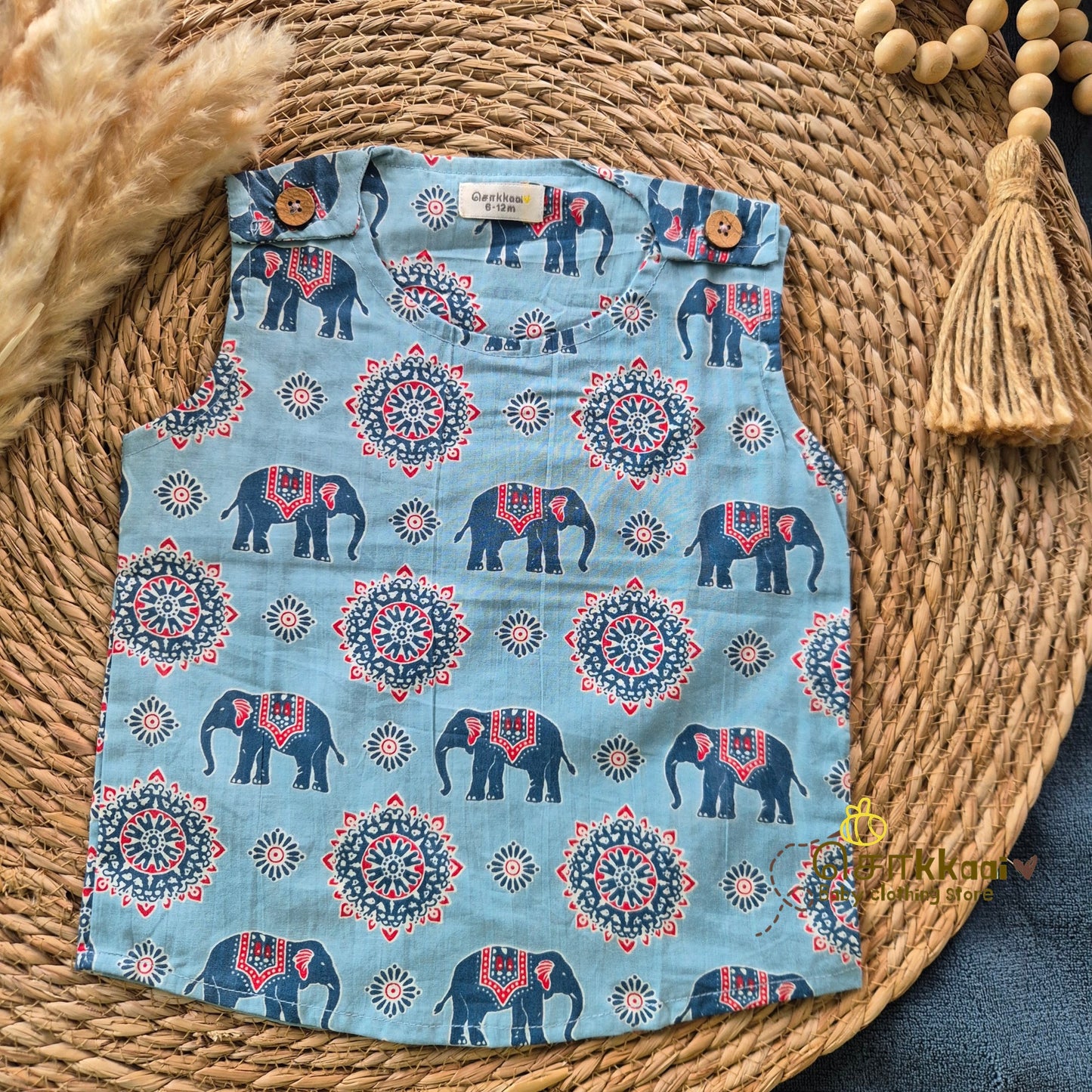 Mandala blue Elephant shoulder button tops (0-3years) - Sokkaai