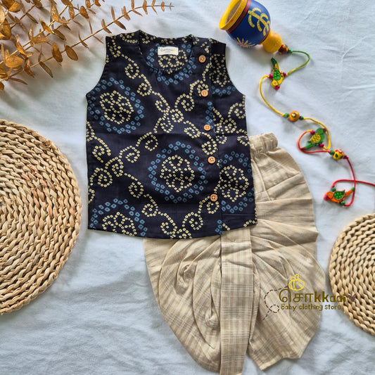 Black Bandhini Cotton Kids Dhoti Set (0-3yrs) - Sokkaai