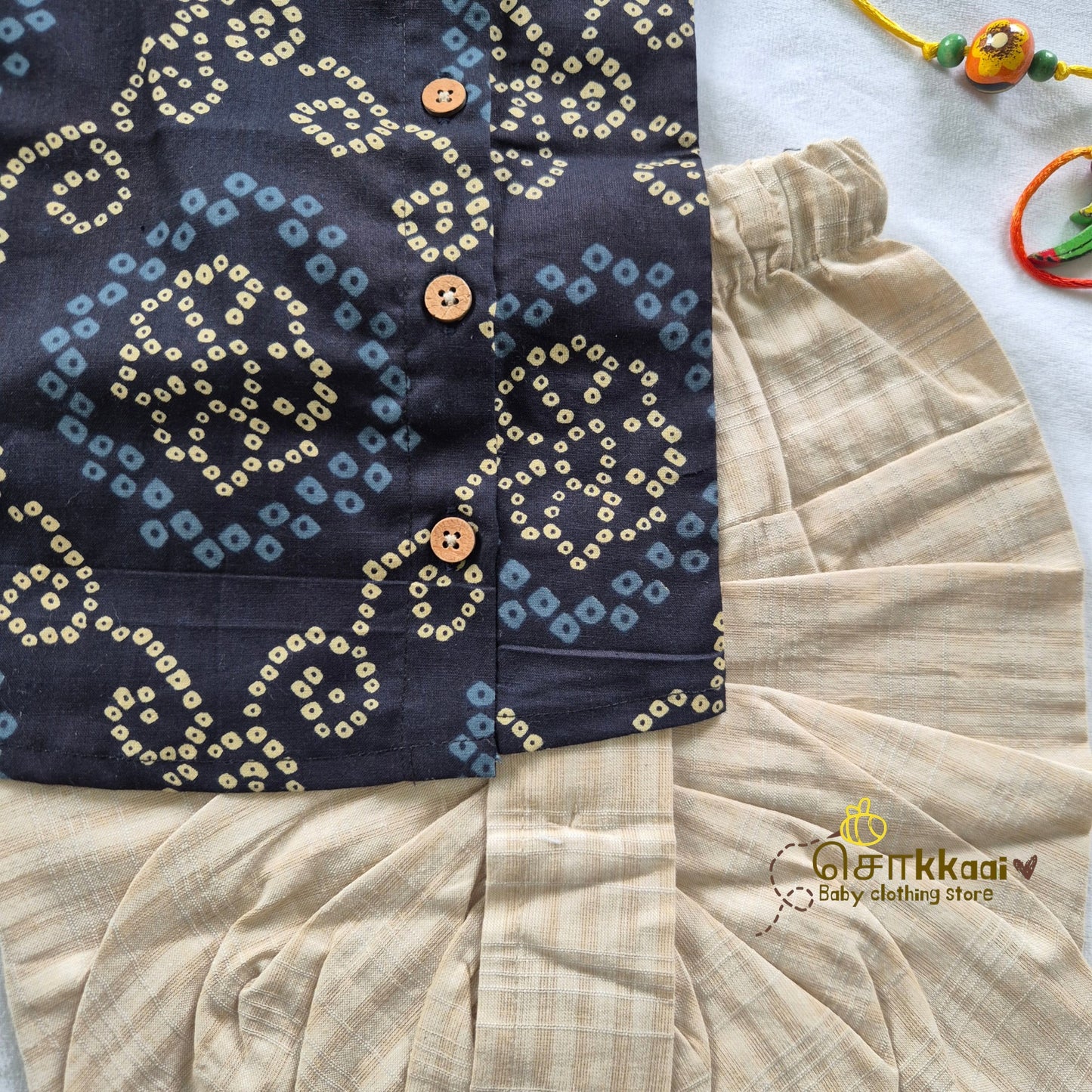 Black Bandhini Cotton Kids Dhoti Set (0-3yrs) - Sokkaai