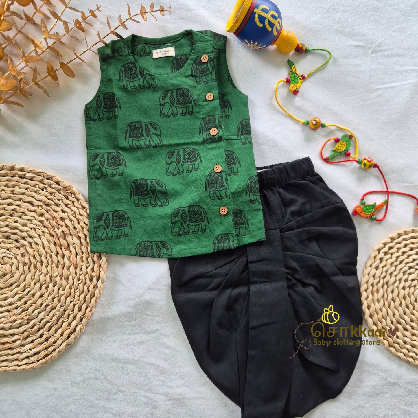 Green Tusker Cotton Kids Dhoti Set (0-3yrs) - Sokkaai