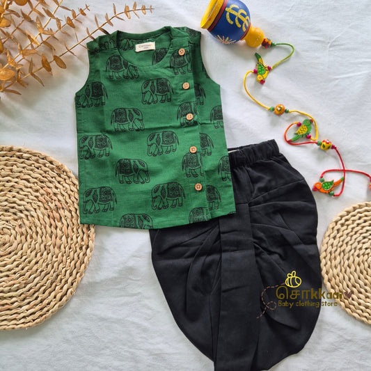 Green Tusker Cotton Kids Dhoti Set (0-3yrs) - Sokkaai