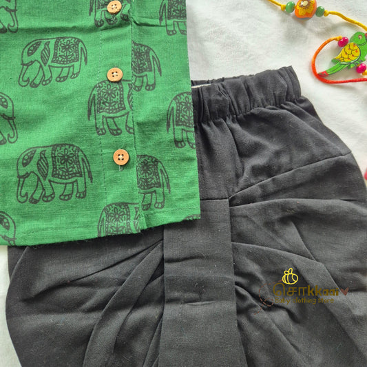 Green Tusker Cotton Kids Dhoti Set (0-3yrs) - Sokkaai