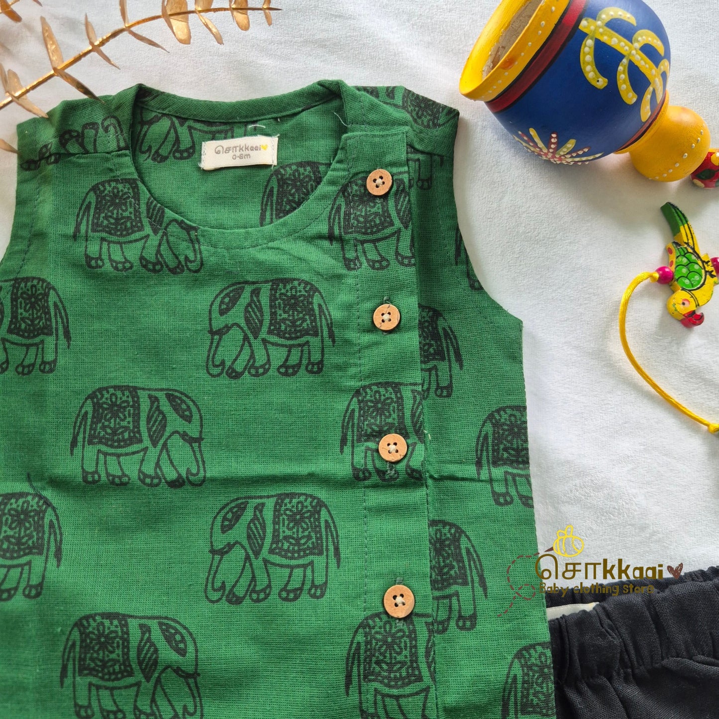 Green Tusker Cotton Kids Dhoti Set (0-3yrs) - Sokkaai
