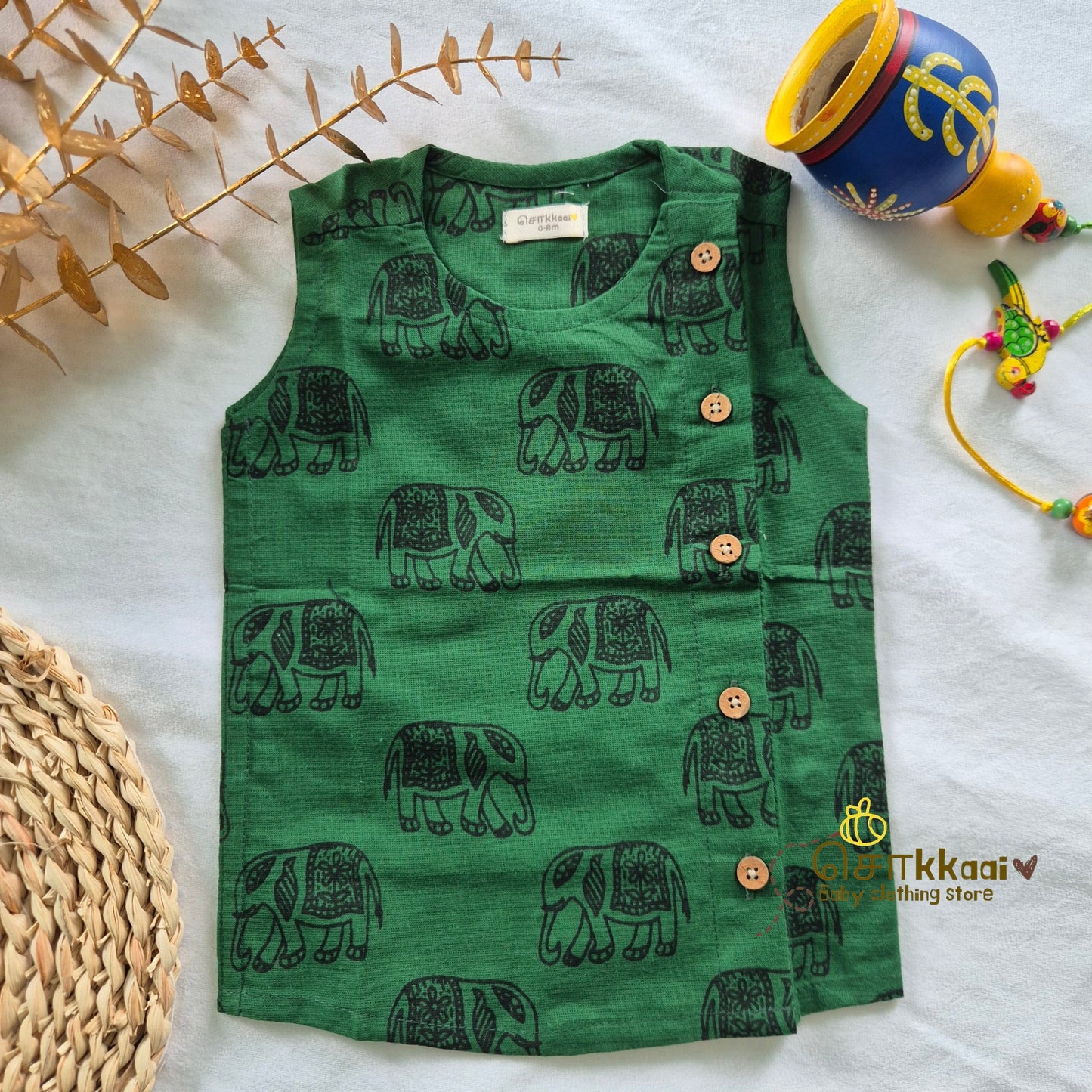 Green Tusker Cotton Kids Dhoti Set (0-3yrs) - Sokkaai