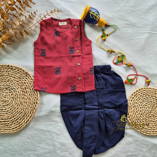 Rust Red Butterfly Cotton Kids Dhoti Set (0-3yrs) - Sokkaai