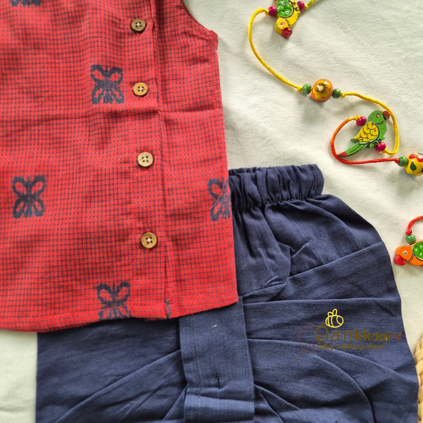 Rust Red Butterfly Cotton Kids Dhoti Set (0-3yrs) - Sokkaai