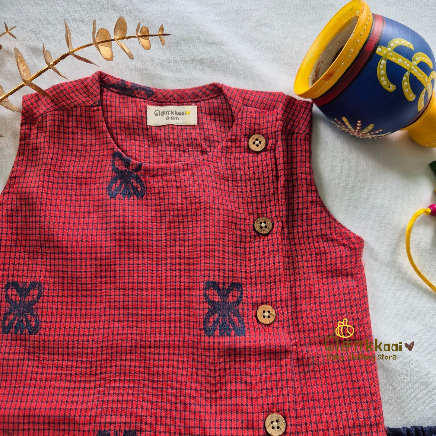 Rust Red Butterfly Cotton Kids Dhoti Set (0-3yrs) - Sokkaai