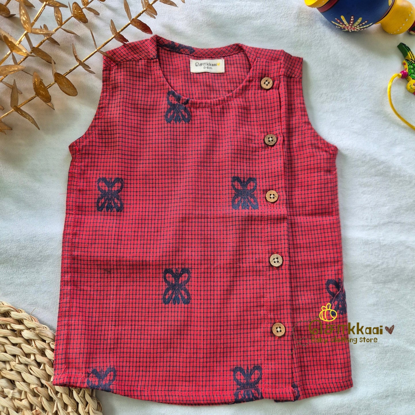 Rust Red Butterfly Cotton Kids Dhoti Set (0-3yrs) - Sokkaai