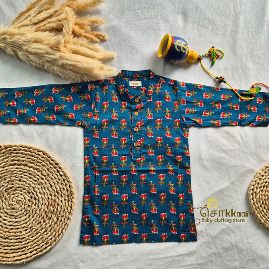 Peacock Blue Bloom long kurta with full sleeve (0-6years) - Sokkaai