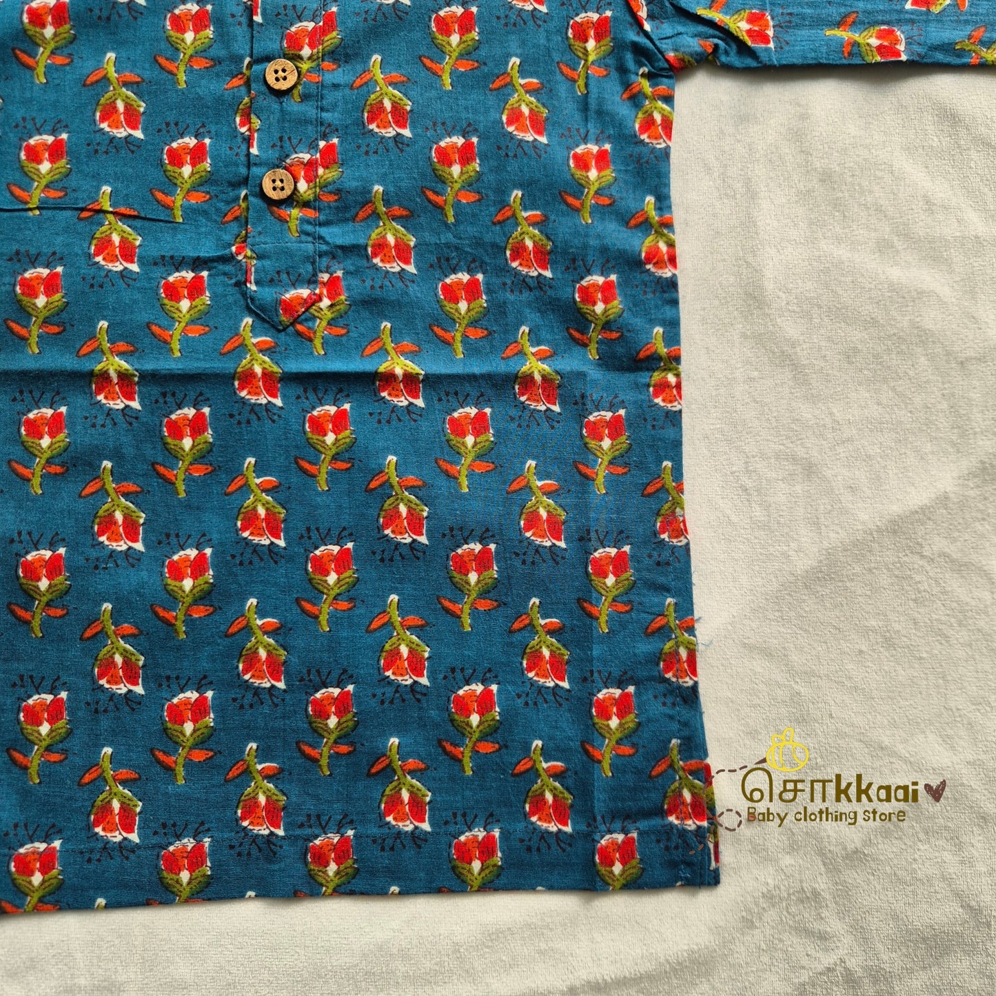 Peacock Blue Bloom long kurta with full sleeve (0-6years) - Sokkaai