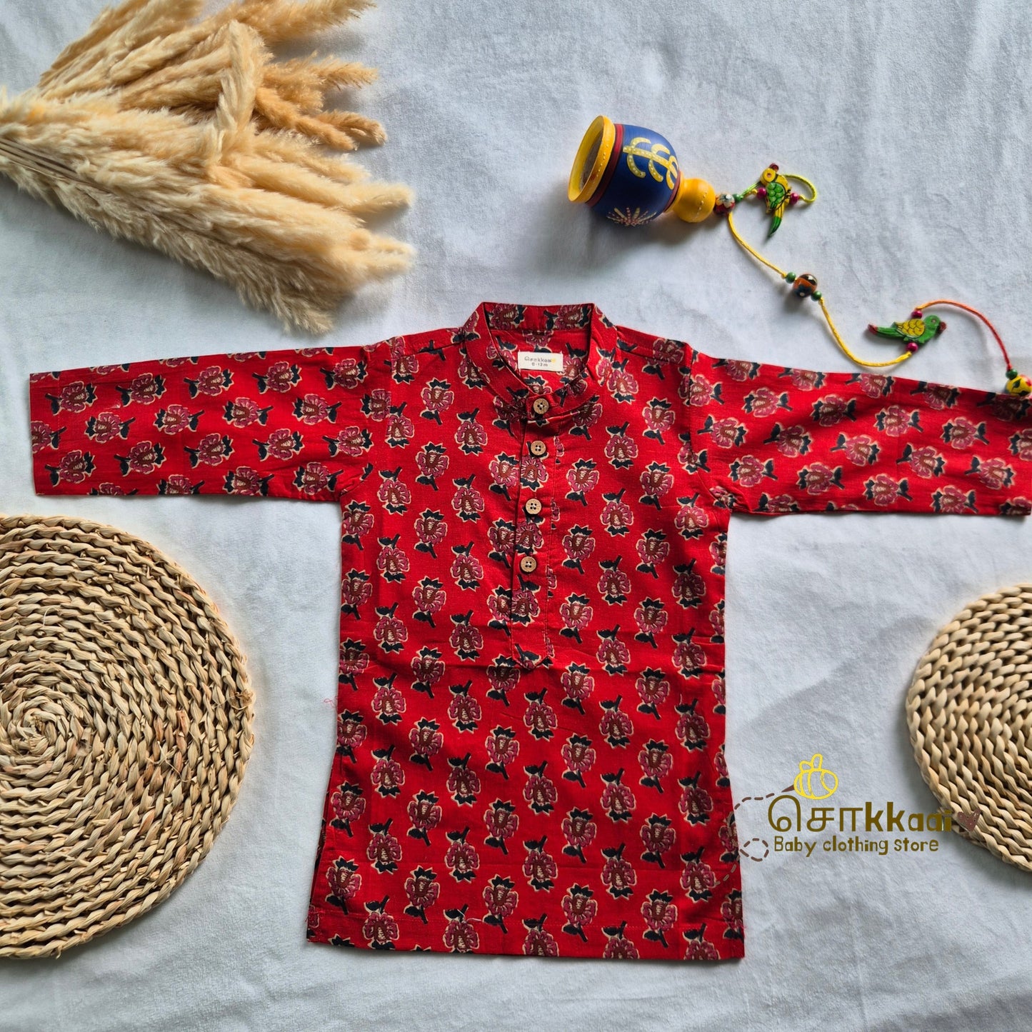 Crimson Red Bloom long kurta with full sleeve (0-6years) - Sokkaai