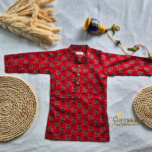 Crimson Red Bloom long kurta with full sleeve (0-6years) - Sokkaai