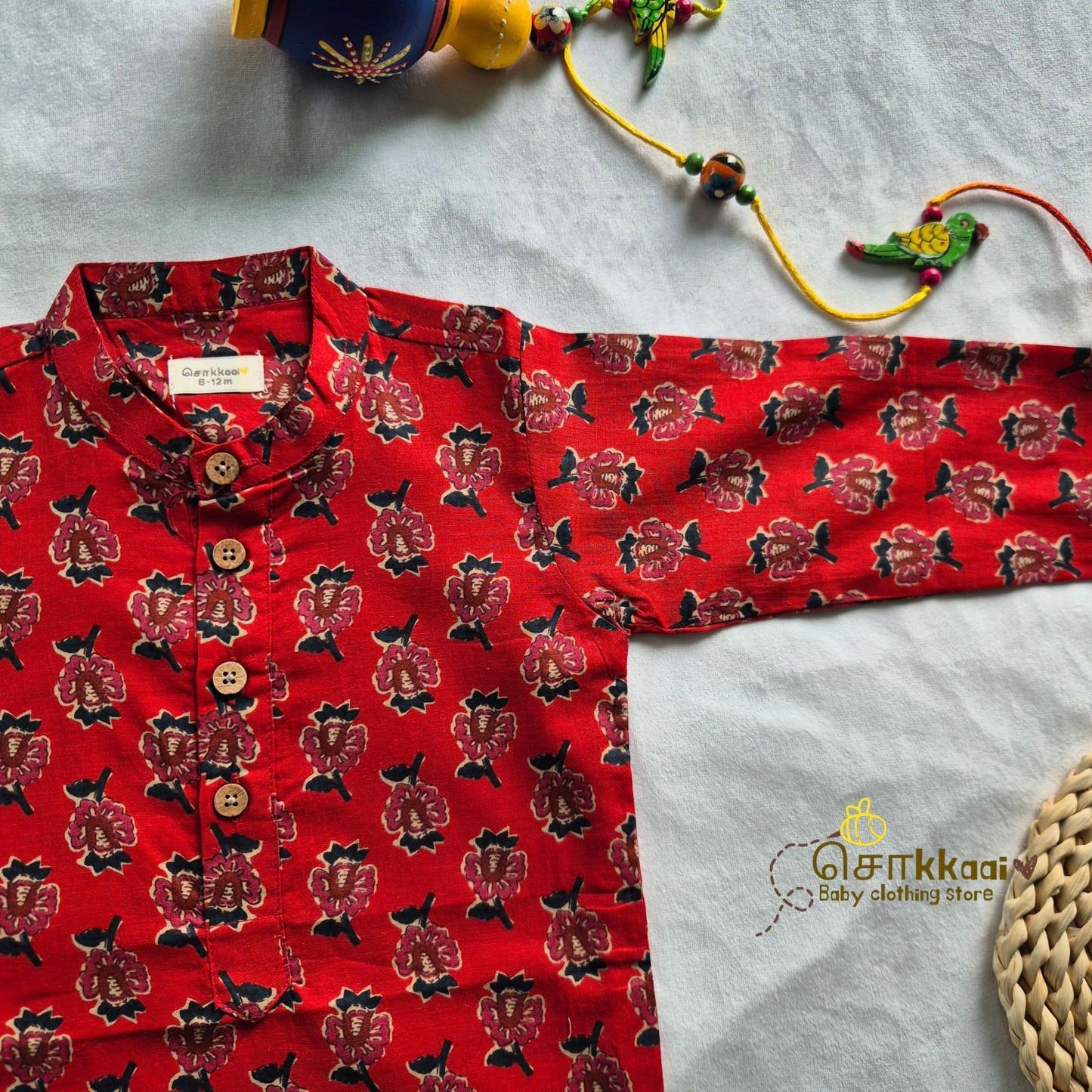 Crimson Red Bloom long kurta with full sleeve (0-6years) - Sokkaai