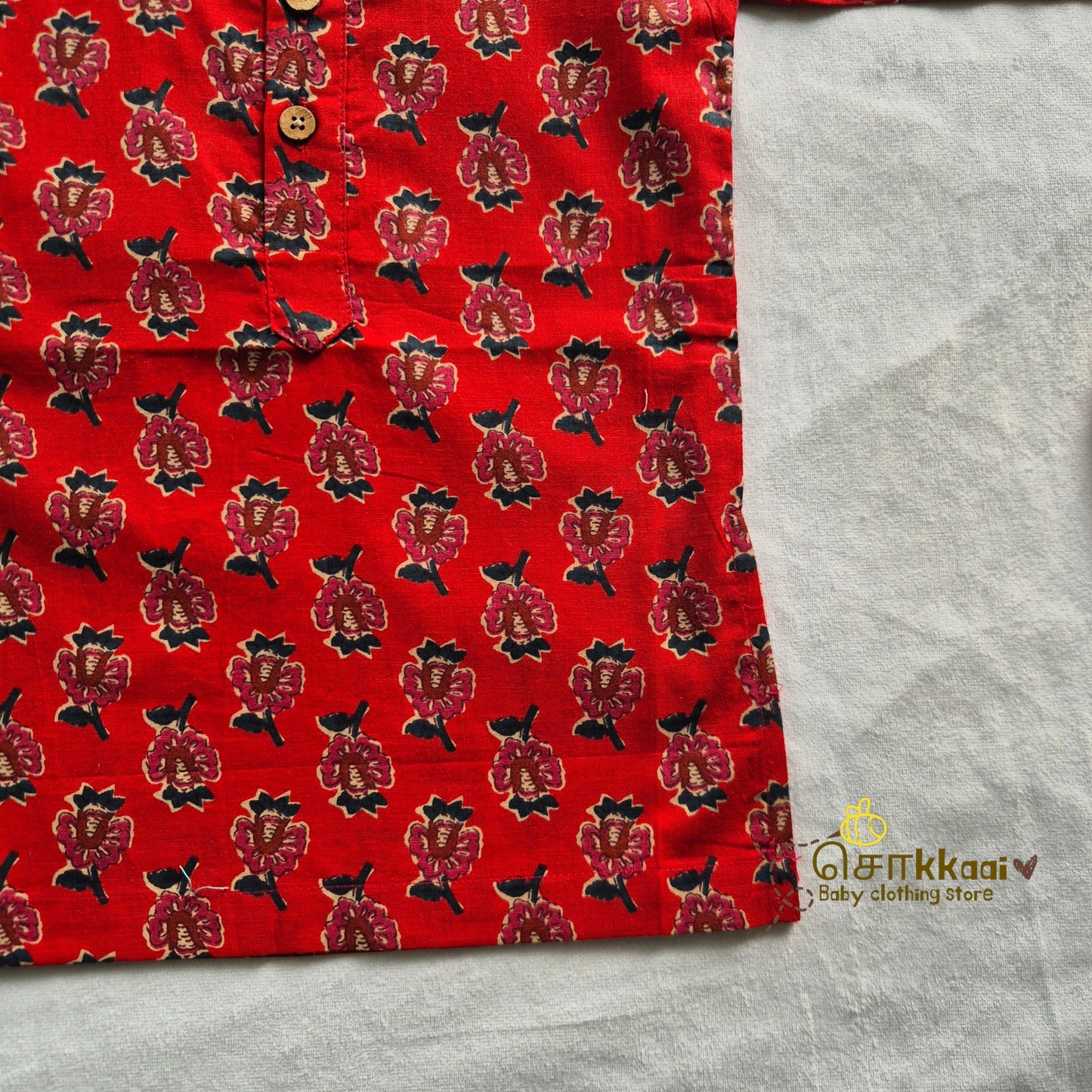 Crimson Red Bloom long kurta with full sleeve (0-6years) - Sokkaai