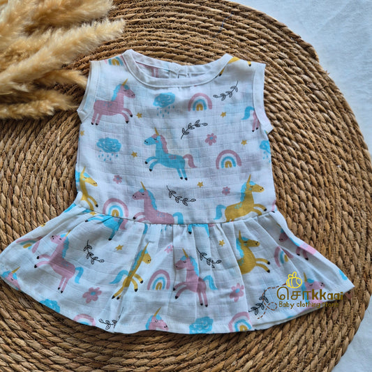 100% Organic Muslin Back Button Frock (0-3m) - Sokkaai