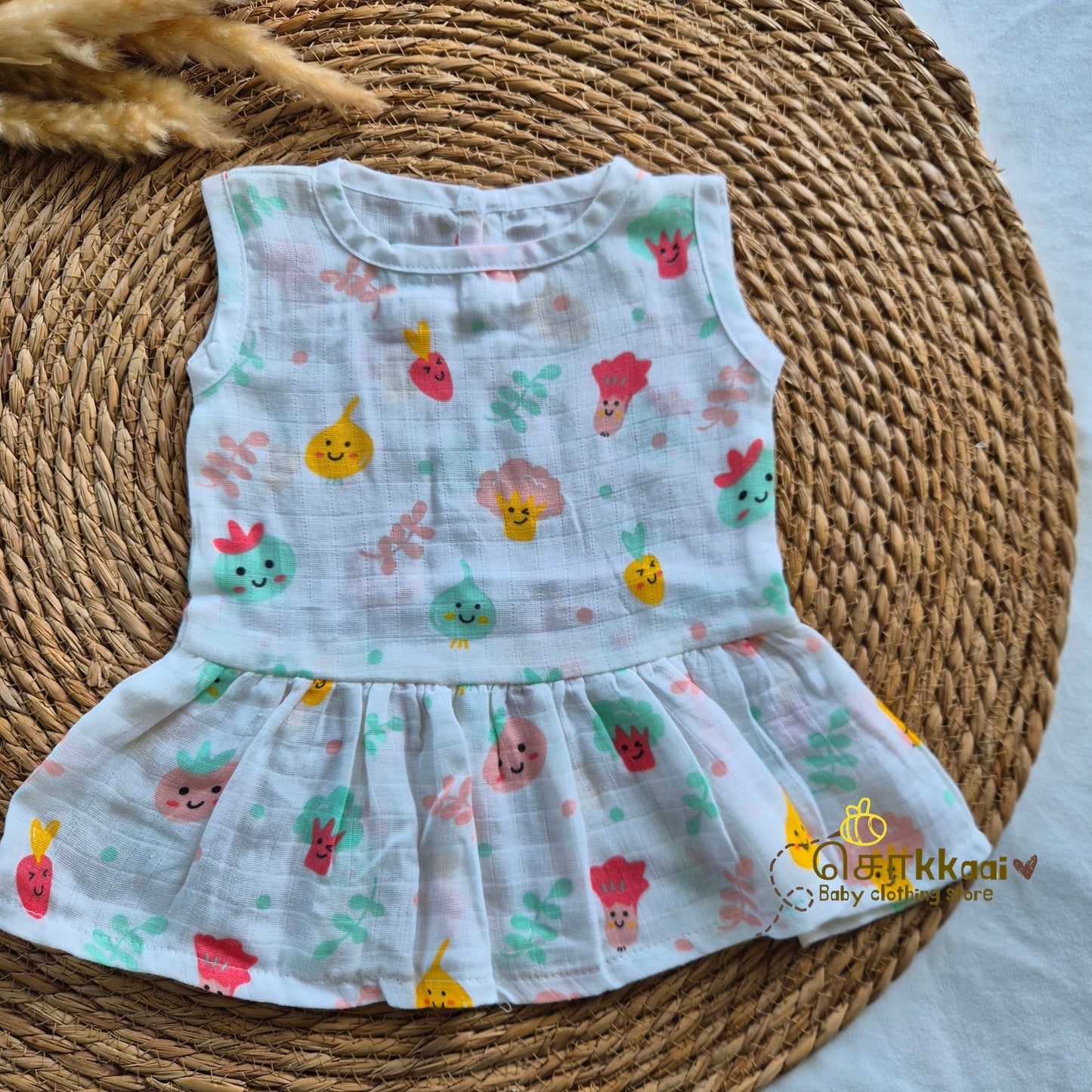 100% Organic Muslin Back Button Frock (0-3m) - Sokkaai