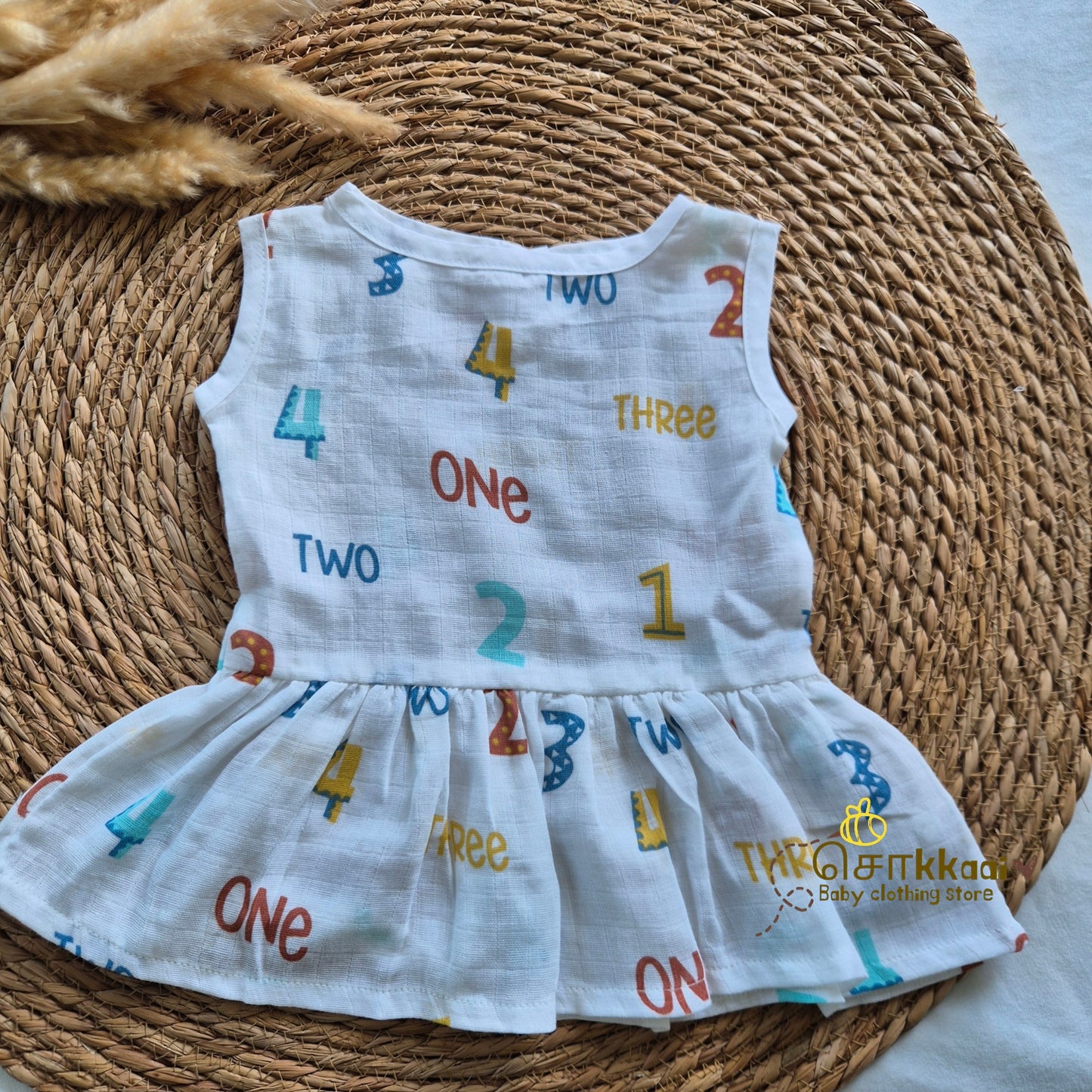 100% Organic Muslin Back Button Frock (0-3m) - Sokkaai