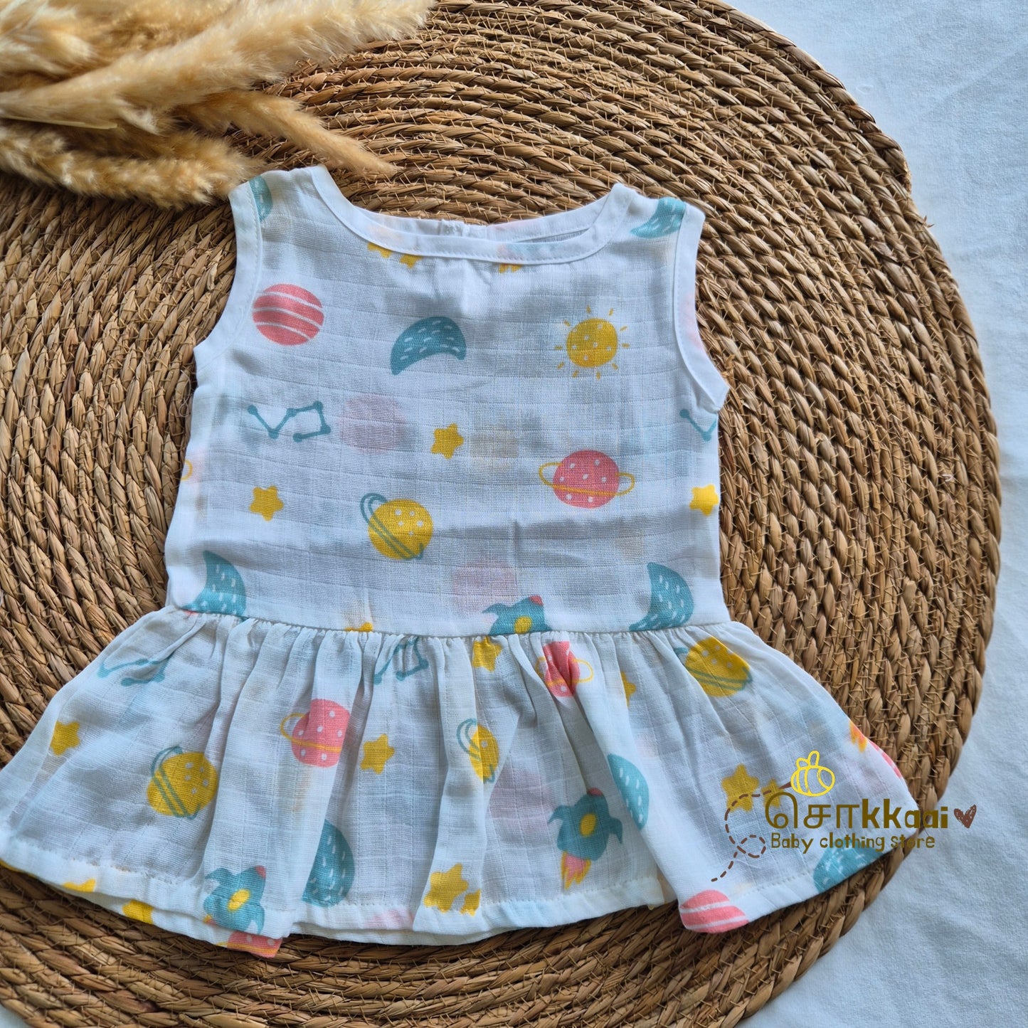 100% Organic Muslin Back Button Frock (3-6m) - Sokkaai