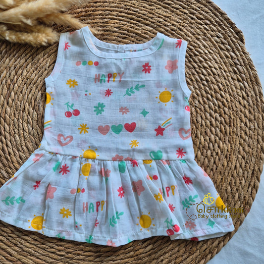 100% Organic Muslin Back Button Frock (3-6m) - Sokkaai