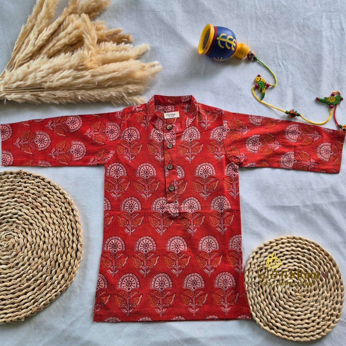 Orange Floral Natural Dyed long kurta with full sleeve (0-6years) - Sokkaai