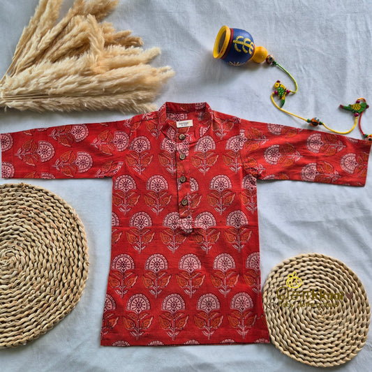 Orange Floral Natural Dyed long kurta with full sleeve (0-6years) - Sokkaai