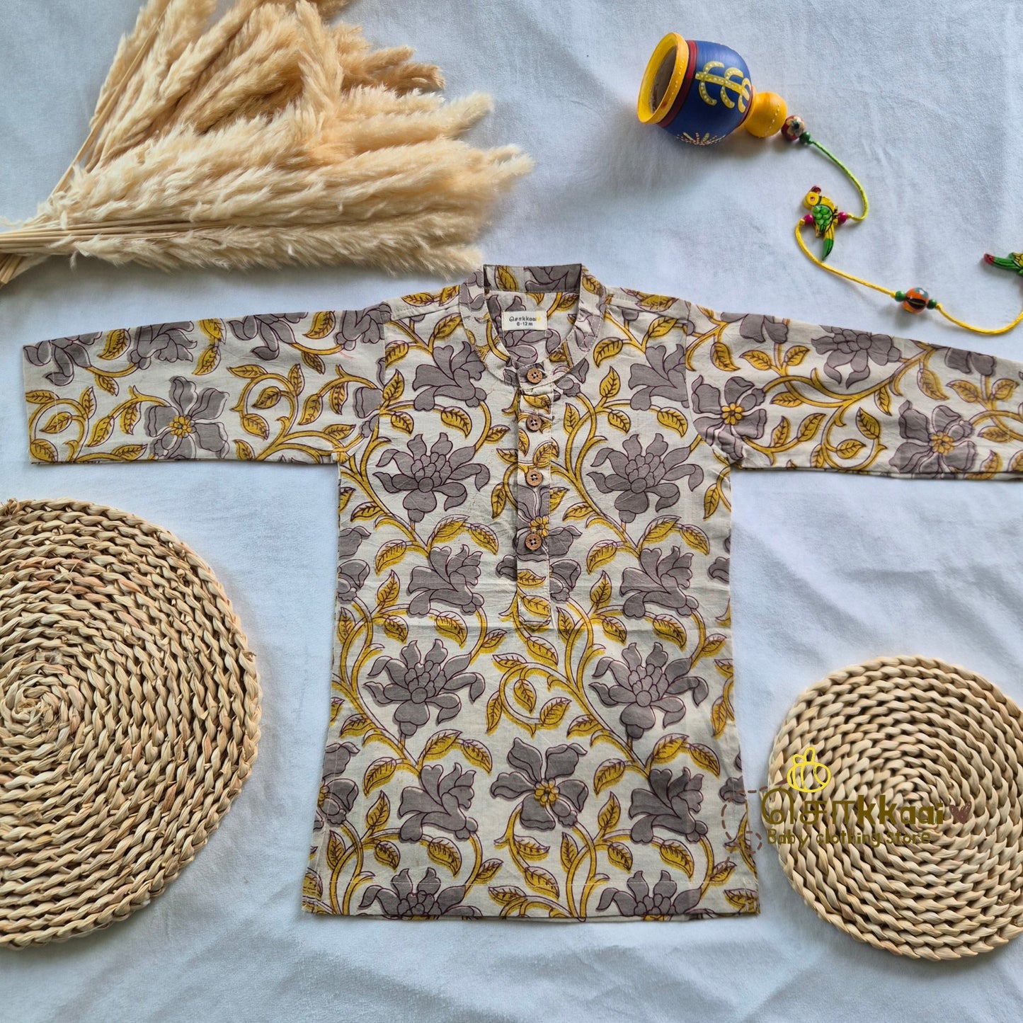 Gray Wild Bloom Natural Dyed long kurta with full sleeve (0-6years) - Sokkaai