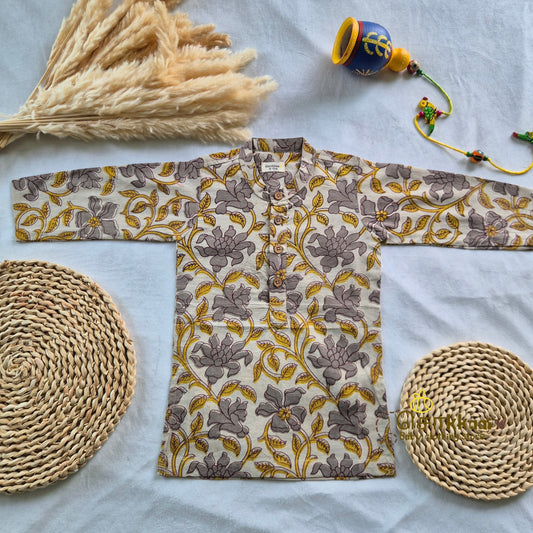 Gray Wild Bloom Natural Dyed long kurta with full sleeve (0-6years) - Sokkaai
