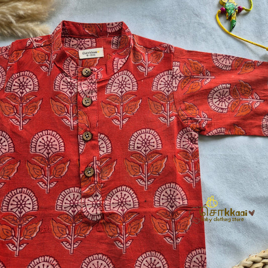Orange Floral Natural Dyed long kurta with full sleeve (0-6years) - Sokkaai