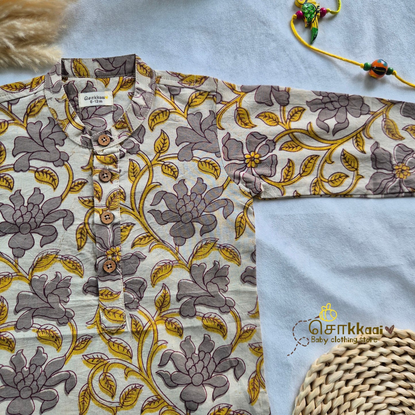 Gray Wild Bloom Natural Dyed long kurta with full sleeve (0-6years) - Sokkaai