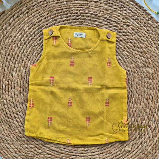 Mustard Pink Butta handloom cotton shoulder button tops (0 to 3years) - Sokkaai