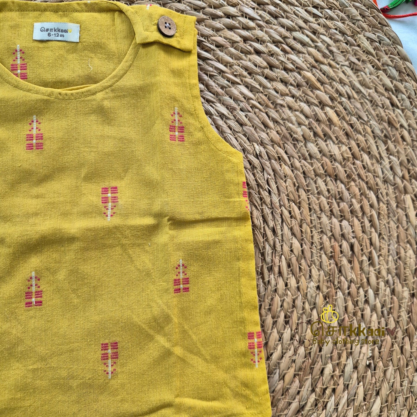 Mustard Pink Butta handloom cotton shoulder button tops (0 to 3years) - Sokkaai