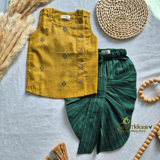 Mustard & Bottle Green Cotton Kids Dhoti Set (0-3yrs) - Sokkaai