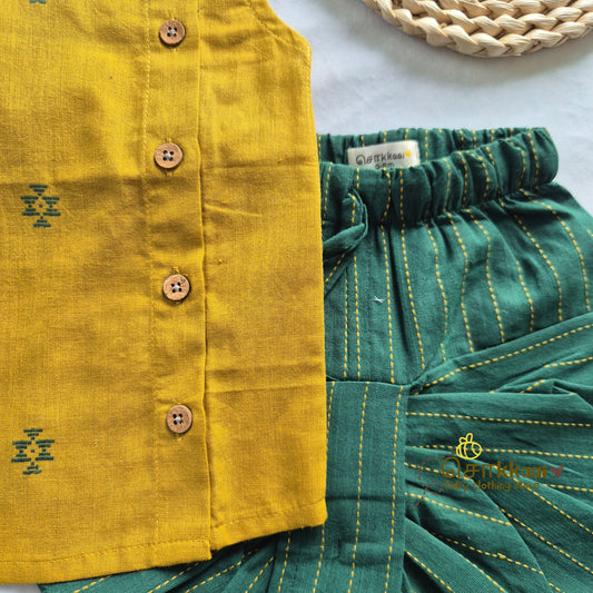 Mustard & Bottle Green Cotton Kids Dhoti Set (0-3yrs) - Sokkaai