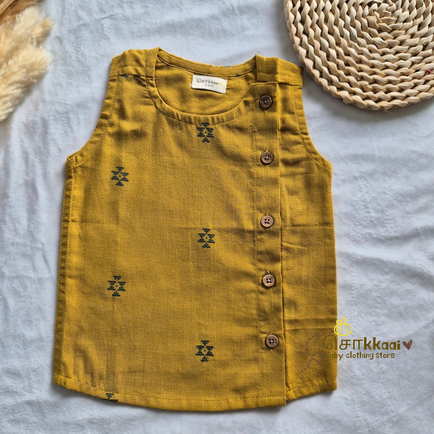 Mustard & Bottle Green Cotton Kids Dhoti Set (0-3yrs) - Sokkaai