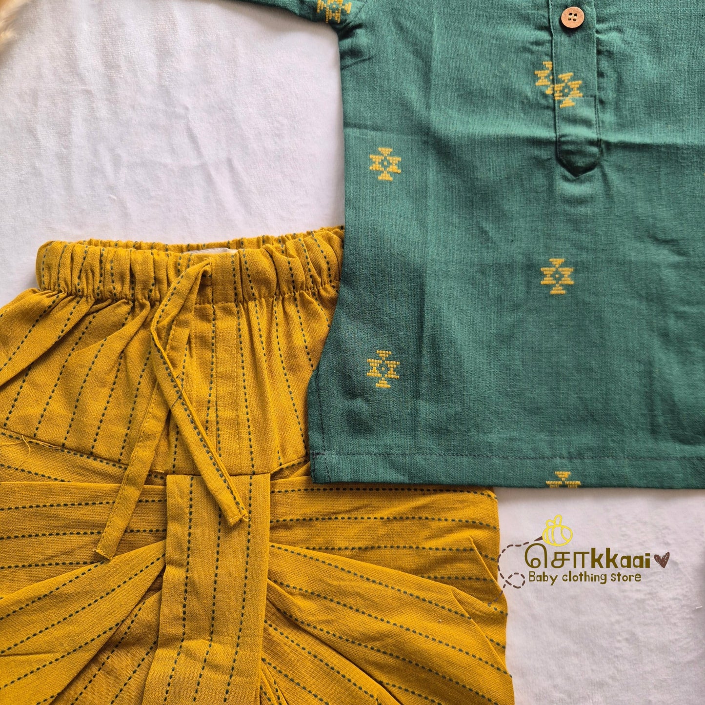Bottle Green & Mustard Elbow Sleeve Cotton Kids Dhoti Set (0-3yrs) - Sokkaai