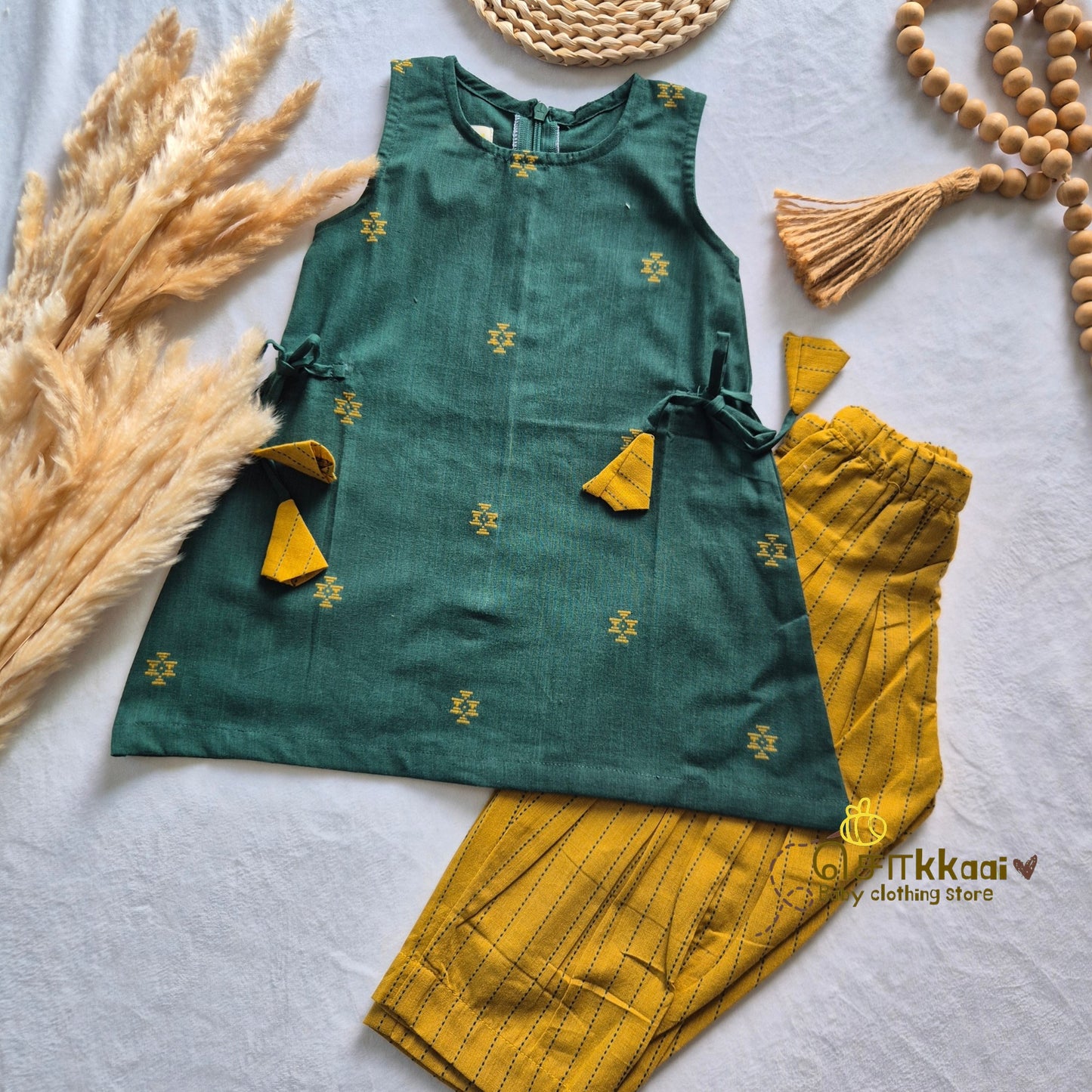 Bottle Green & Mustard Cotton Kurti-Pattiyala Set Girl(6m-5years) - Sokkaai