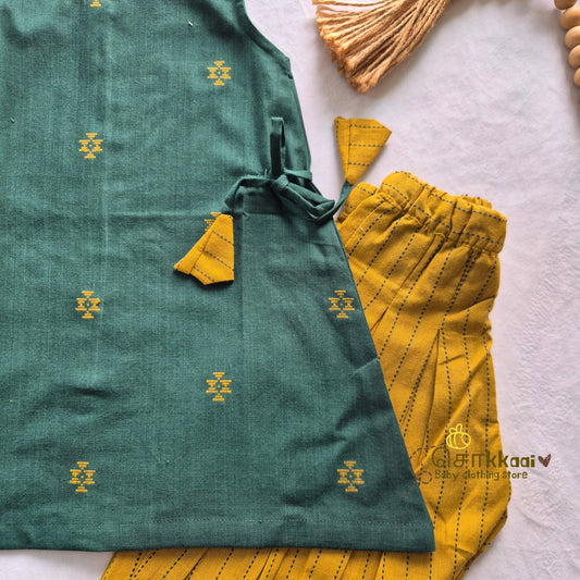 Bottle Green & Mustard Cotton Kurti-Pattiyala Set Girl(6m-5years) - Sokkaai